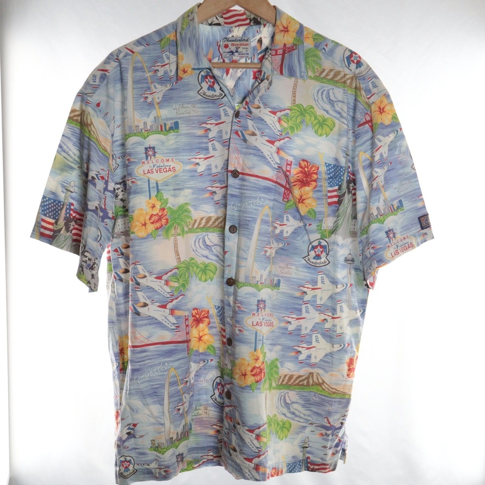 Thunderbird Hawaiian by Gavin Button-Up Mens 2XL Blue Graphic Print Fleet‎ Week